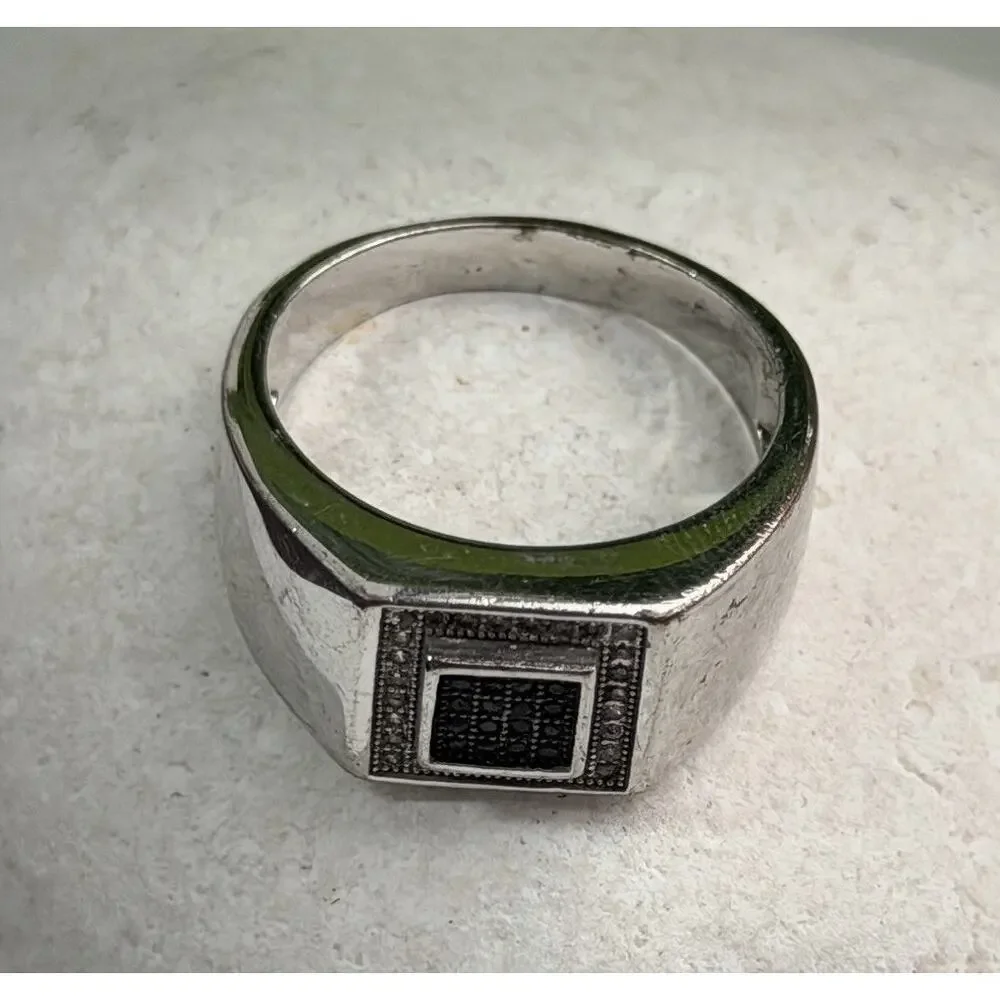 Men's 925 Sterling Silver White & Black Diamonds 0.17 ctw Ring Size 10